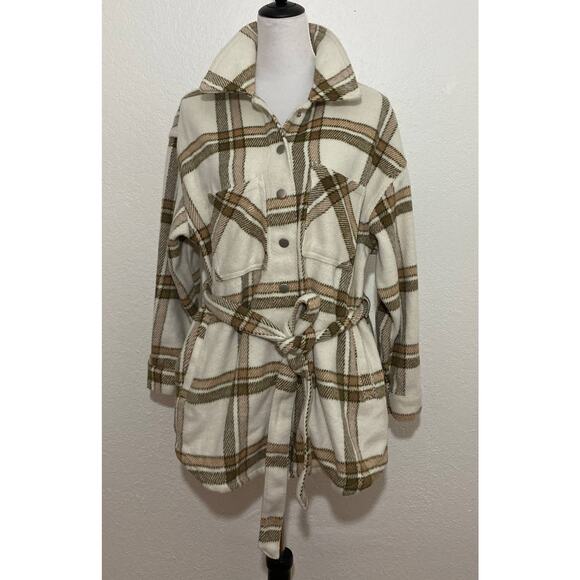 Eloquii Elements Size 14/16 Cream Tan Plaid Wool Blend Shacket with Belt Pocket - Picture 1 of 13